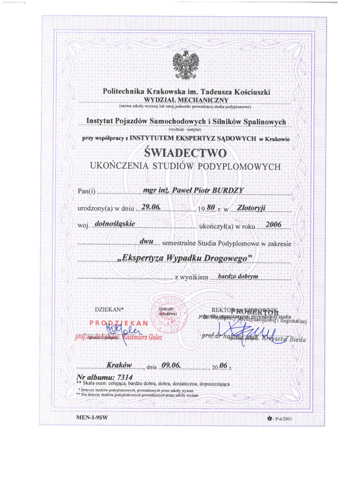 Świadectwo ukończenia studiów podyplomowych
