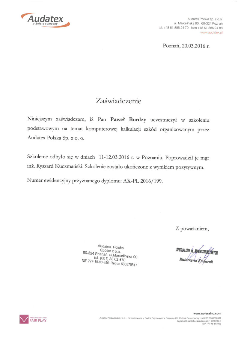  Zaświadczenie Audatex